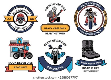 A set of illustrations in the concept of rockers and bikers in a line style