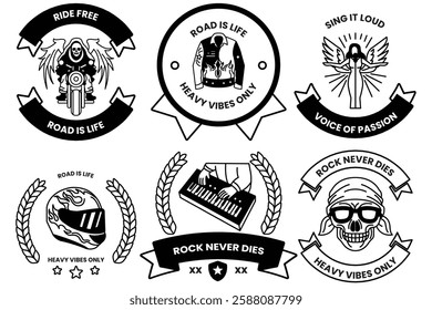 A set of illustrations in the concept of rockers and bikers in a line style