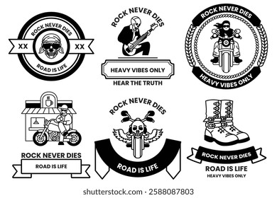 A set of illustrations in the concept of rockers and bikers in a line style