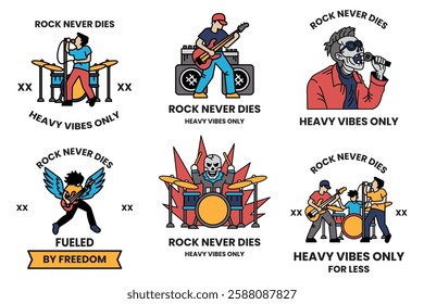 A set of illustrations in the concept of rockers and bikers in a line style