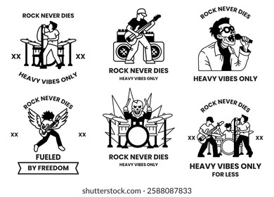 A set of illustrations in the concept of rockers and bikers in a line style