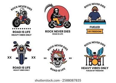 A set of illustrations in the concept of rockers and bikers in a line style