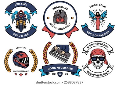 A set of illustrations in the concept of rockers and bikers in a line style