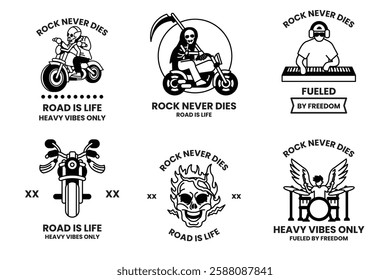 A set of illustrations in the concept of rockers and bikers in a line style