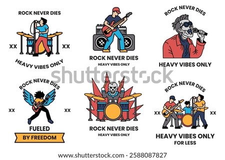 A set of illustrations in the concept of rockers and bikers in a line style