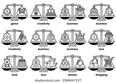 A Set of illustrations in the concept of scales and various things in line drawing style