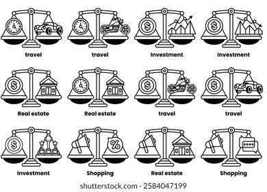A Set of illustrations in the concept of scales and various things in line drawing style