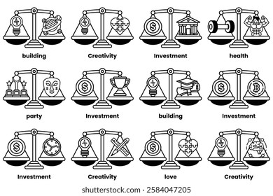 A Set of illustrations in the concept of scales and various things in line drawing style