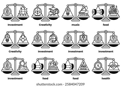 A Set of illustrations in the concept of scales and various things in line drawing style