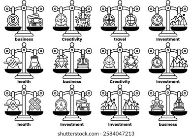 A Set of illustrations in the concept of scales and various things in line drawing style