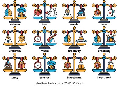 A Set of illustrations in the concept of scales and various things in line drawing style