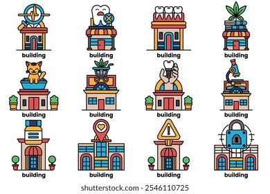 A set of illustrations in the concept of shop building in a line drawing style