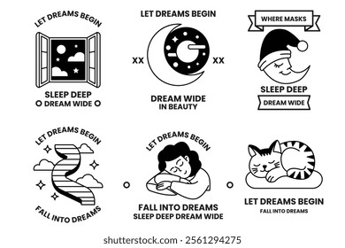 Set of illustrations in the concept of Sleep and sweet dreams in line style