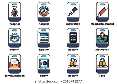 A Set of illustrations in the concept of smartphones and things in line art style