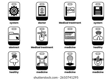 A Set of illustrations in the concept of smartphones and things in line art style