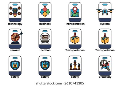 A Set of illustrations in the concept of smartphones and things in line art style