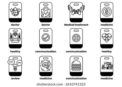 A Set of illustrations in the concept of smartphones and things in line art style