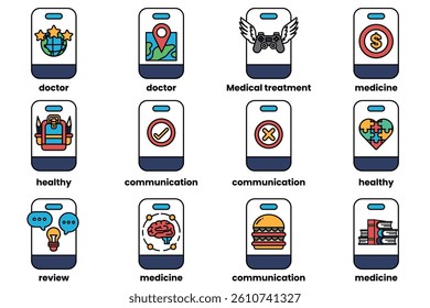 A Set of illustrations in the concept of smartphones and things in line art style