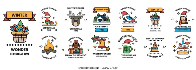 A Set of illustrations in the concept of snow and Christmas in line drawing style