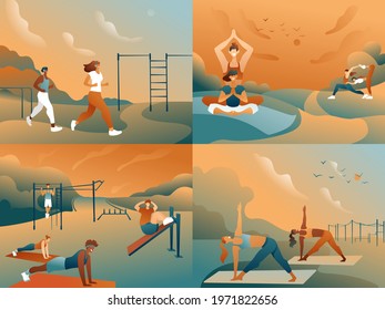 A set of illustrations, the concept of sports, training people in the outdoors. Joint yoga, sports activities with the whole family, a healthy lifestyle. Social advertising of taking care of your body