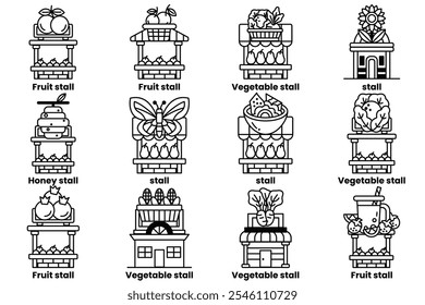 A set of illustrations in the concept of street food stalls in a line drawing style
