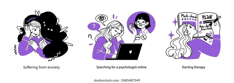 A set of illustrations of the concept of suffering from anxiety, searching a psychotherapist online and starting therapy. Mental health care.