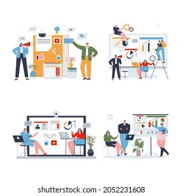 A set of illustrations of the concept of teamwork. Discussion and finding solutions. Teamwork. Flat vector illustration.