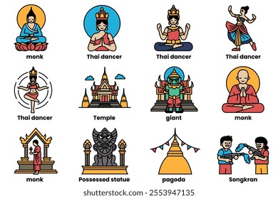 Set of illustrations in the concept of Thai culture in a line style