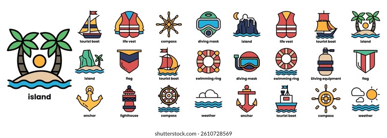 A Set of illustrations in the concept of travel in line drawing style