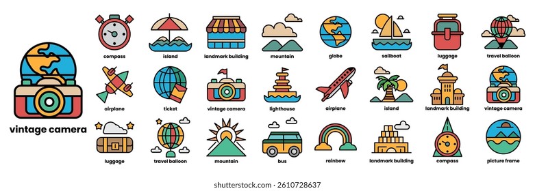 A Set of illustrations in the concept of travel in line drawing style