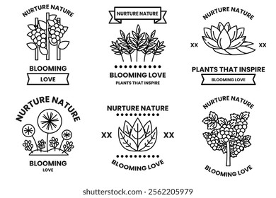 Set of illustrations in the concept of Trees and flowers in line style