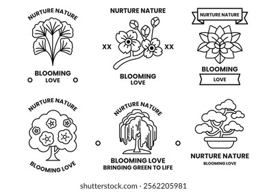 Set of illustrations in the concept of Trees and flowers in line style