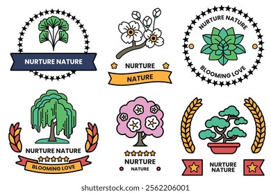 Set of illustrations in the concept of Trees and flowers in line style
