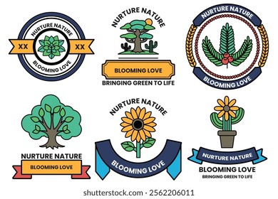 Set of illustrations in the concept of Trees and flowers in line style