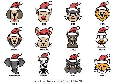 Set of illustrations in the concept of various animals wearing Christmas hats in a line drawing style