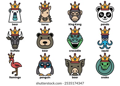 Set of illustrations in the concept of various animals wearing crowns in a line art style.