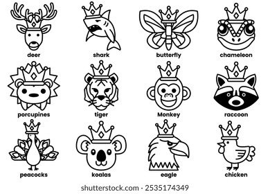 Set of illustrations in the concept of various animals wearing crowns in a line art style.