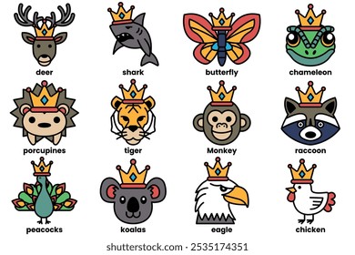 Set of illustrations in the concept of various animals wearing crowns in a line art style.