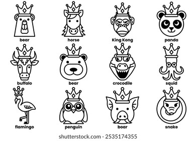 Set of illustrations in the concept of various animals wearing crowns in a line art style.