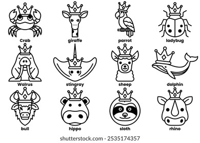 Set of illustrations in the concept of various animals wearing crowns in a line art style.