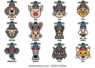 Set of illustrations in the concept of various animals wearing clown hats in a line style