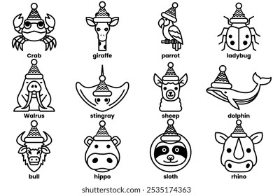 Set of illustrations in the concept of various animals wearing Christmas hats in a line drawing style