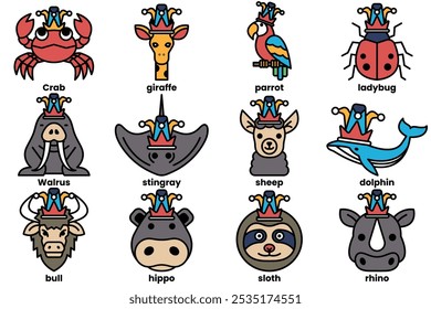 Set of illustrations in the concept of various animals wearing clown hats in a line style