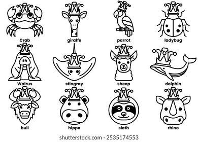 Set of illustrations in the concept of various animals wearing clown hats in a line style