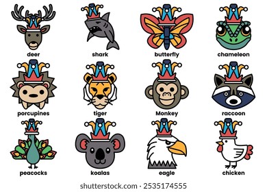 Set of illustrations in the concept of various animals wearing clown hats in a line style