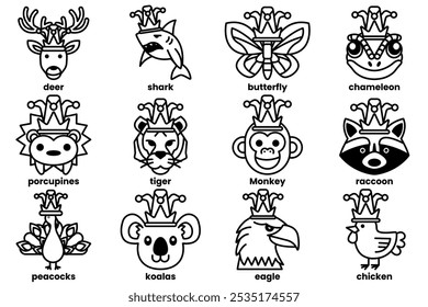 Set of illustrations in the concept of various animals wearing clown hats in a line style