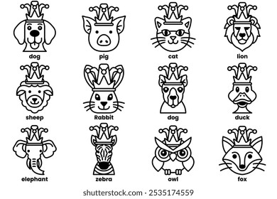 Set of illustrations in the concept of various animals wearing clown hats in a line style