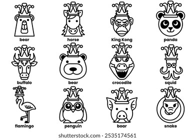 Set of illustrations in the concept of various animals wearing clown hats in a line style