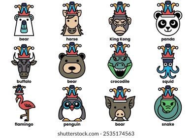 Set of illustrations in the concept of various animals wearing clown hats in a line style