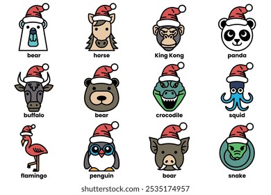 Set of illustrations in the concept of various animals wearing Christmas hats in a line drawing style